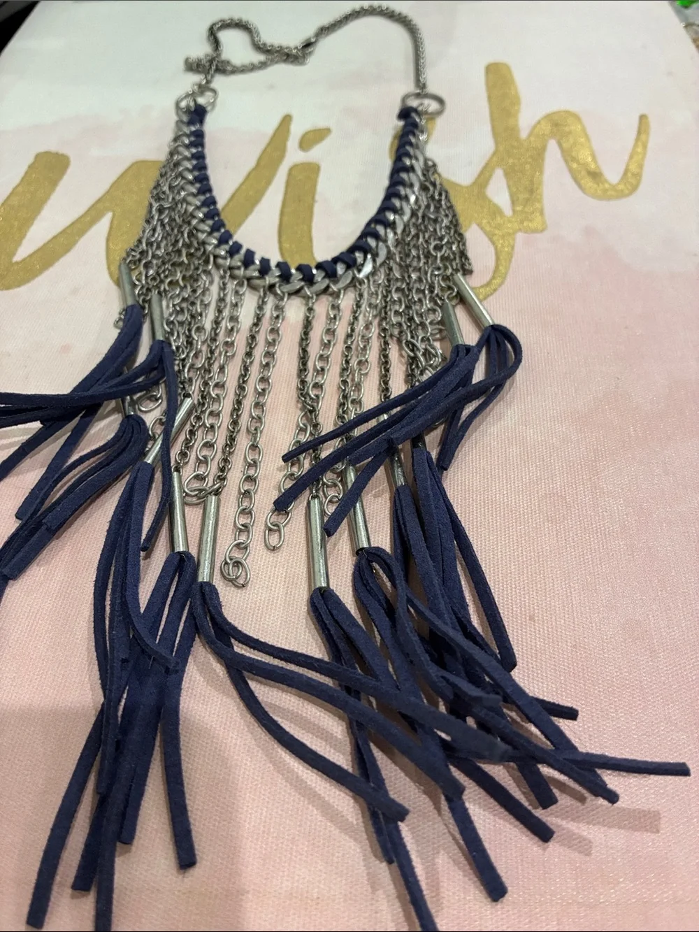Blue Fringe Chain Statement Necklace